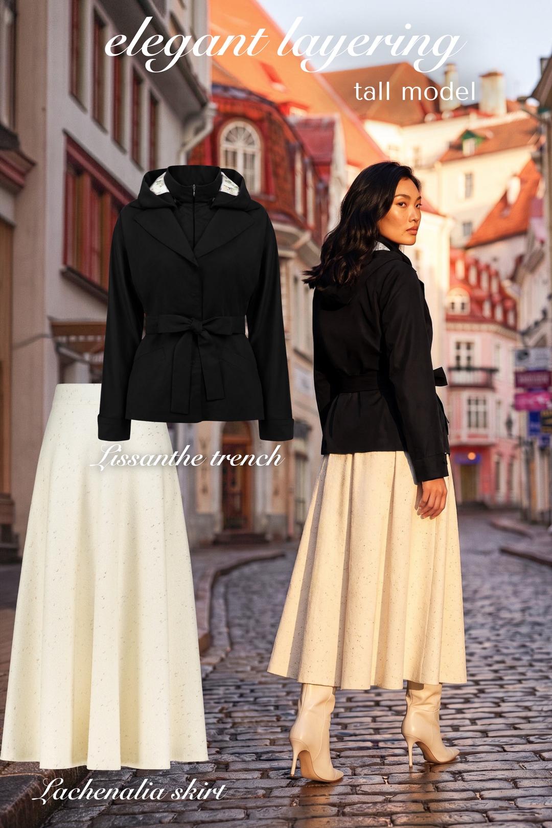 LISSANTHE BLACK WOOL BLEND BELTED TRENCH JACKET WITH REMOVABLE HOOD