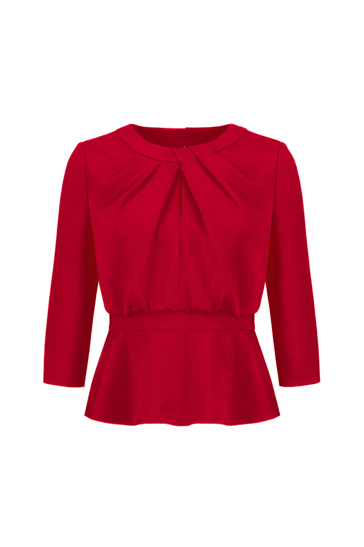 CLUSIA RED SILK PEPLUM TOP WITH DRAPED NECKLINE DETAIL