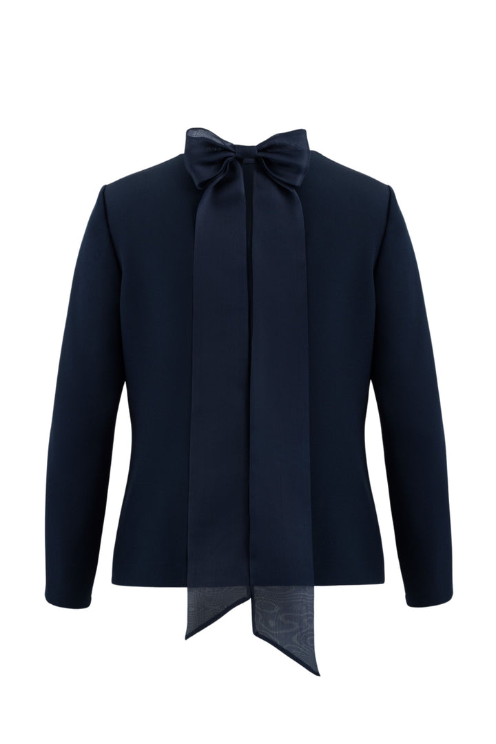 GARDENIA NAVY BLUE LONG-SLEEVE SILK BLOUSE WITH BOW DETAIL