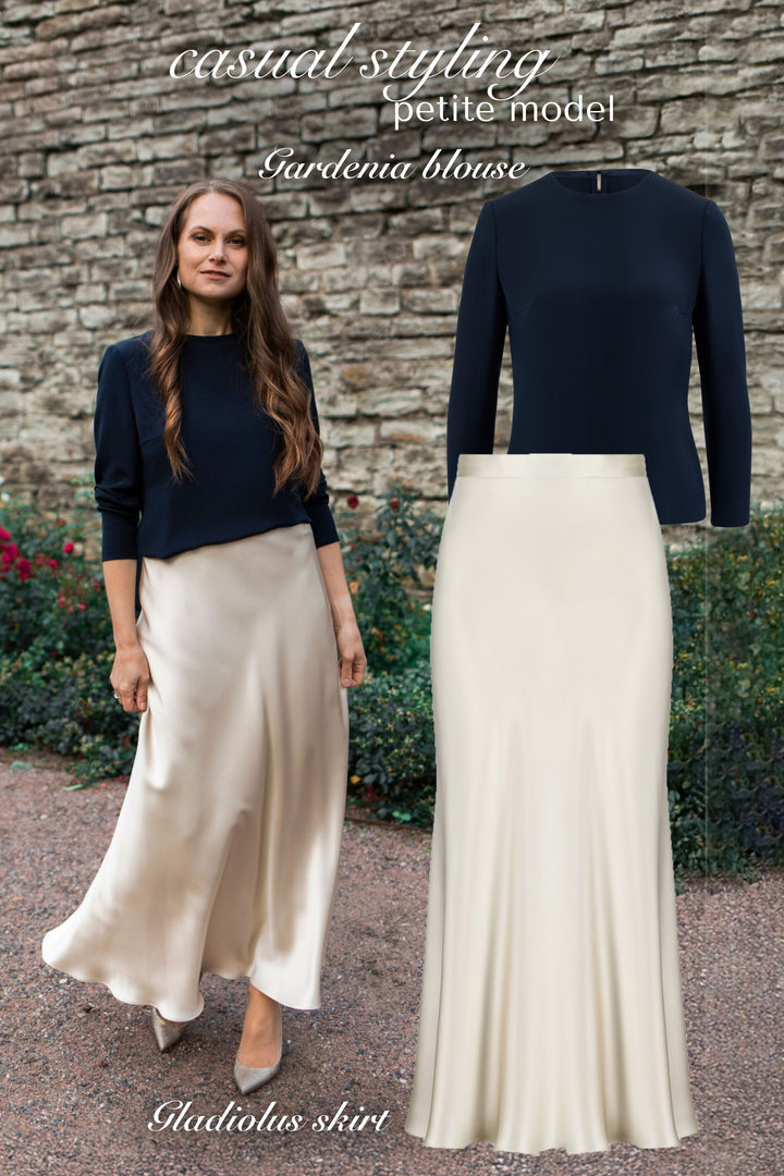 GARDENIA NAVY BLUE LONG-SLEEVE SILK BLOUSE WITH BOW DETAIL