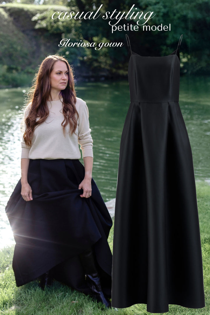 GLORIOSA BLACK SPAGHETTI STRAP GOWN WITH BOW DETAILS
