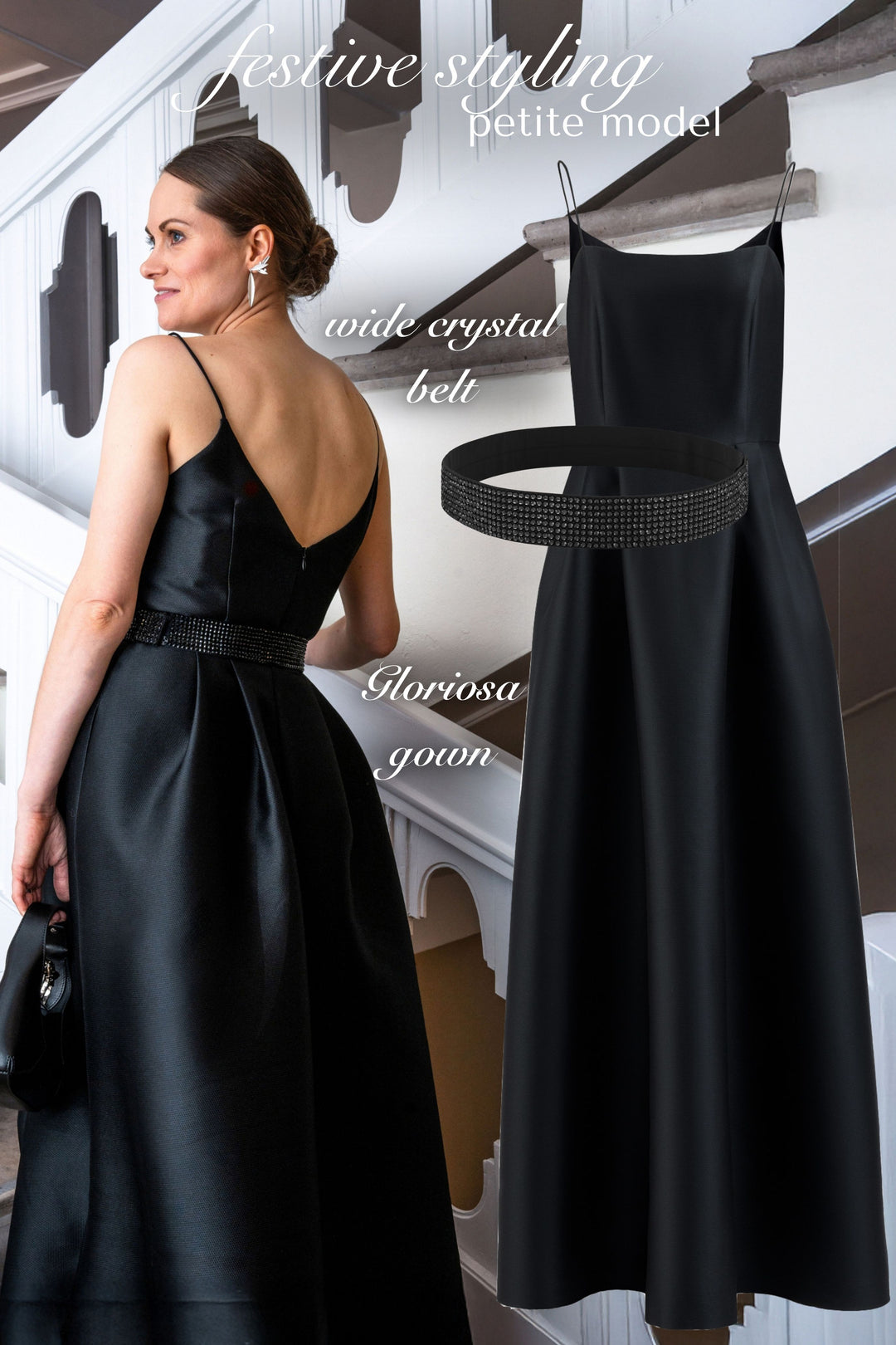 GLORIOSA BLACK SPAGHETTI STRAP GOWN WITH BOW DETAILS