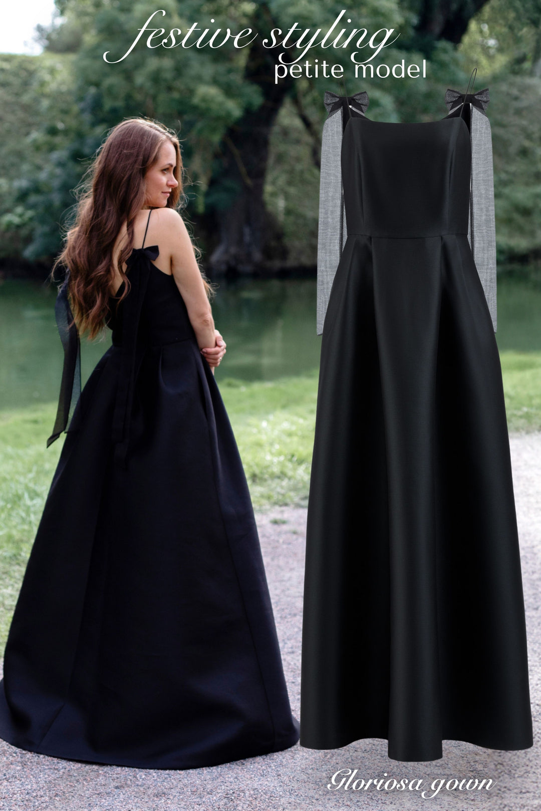 GLORIOSA BLACK SPAGHETTI STRAP GOWN WITH BOW DETAILS