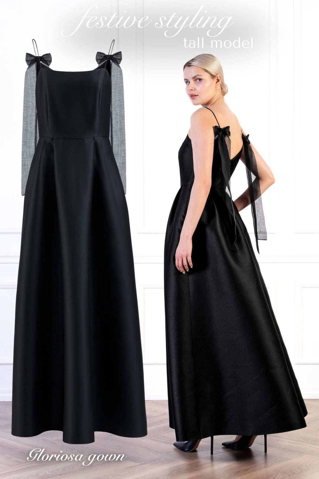 GLORIOSA BLACK SPAGHETTI STRAP GOWN WITH BOW DETAILS