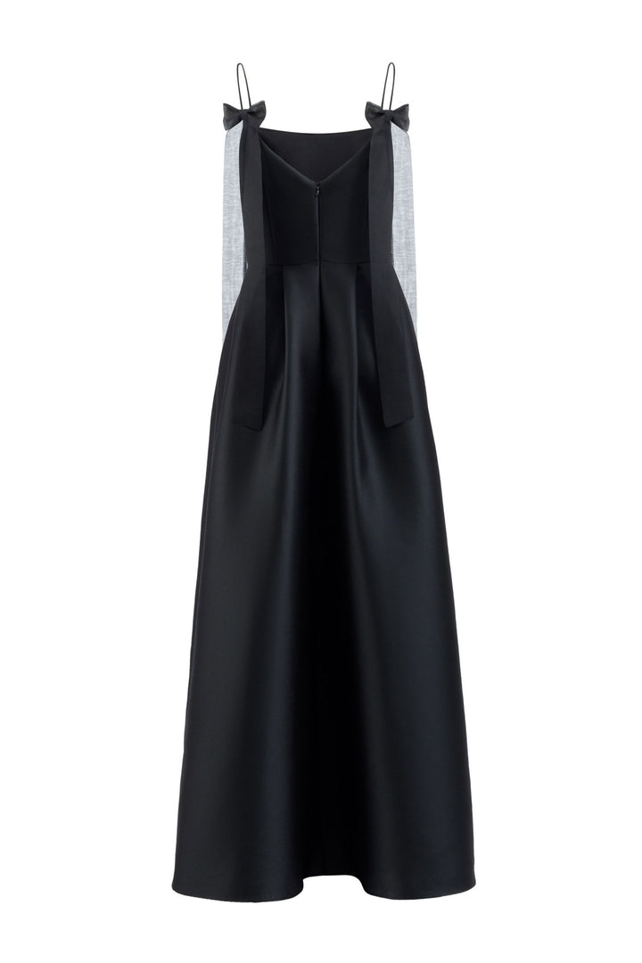 GLORIOSA BLACK SPAGHETTI STRAP GOWN WITH BOW DETAILS