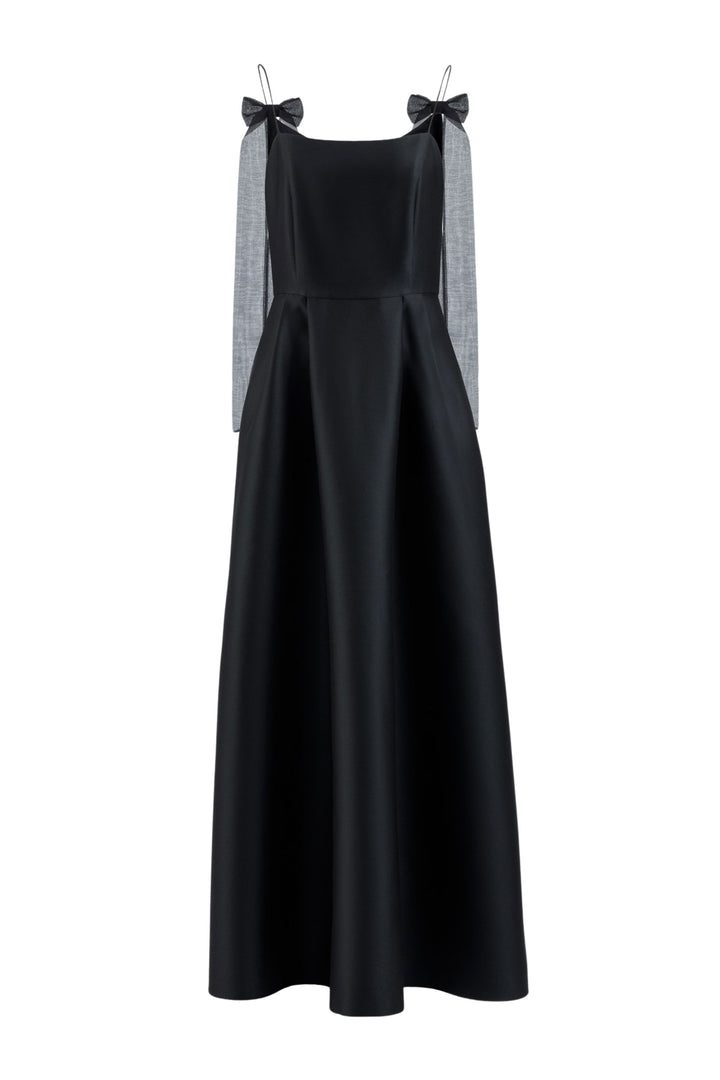 GLORIOSA BLACK SPAGHETTI STRAP GOWN WITH BOW DETAILS