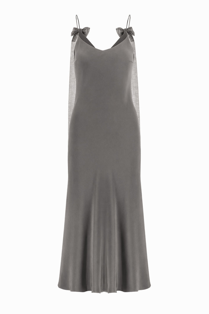 ARIA GRAY SILK SLIP DRESS WITH BOW DETAILS