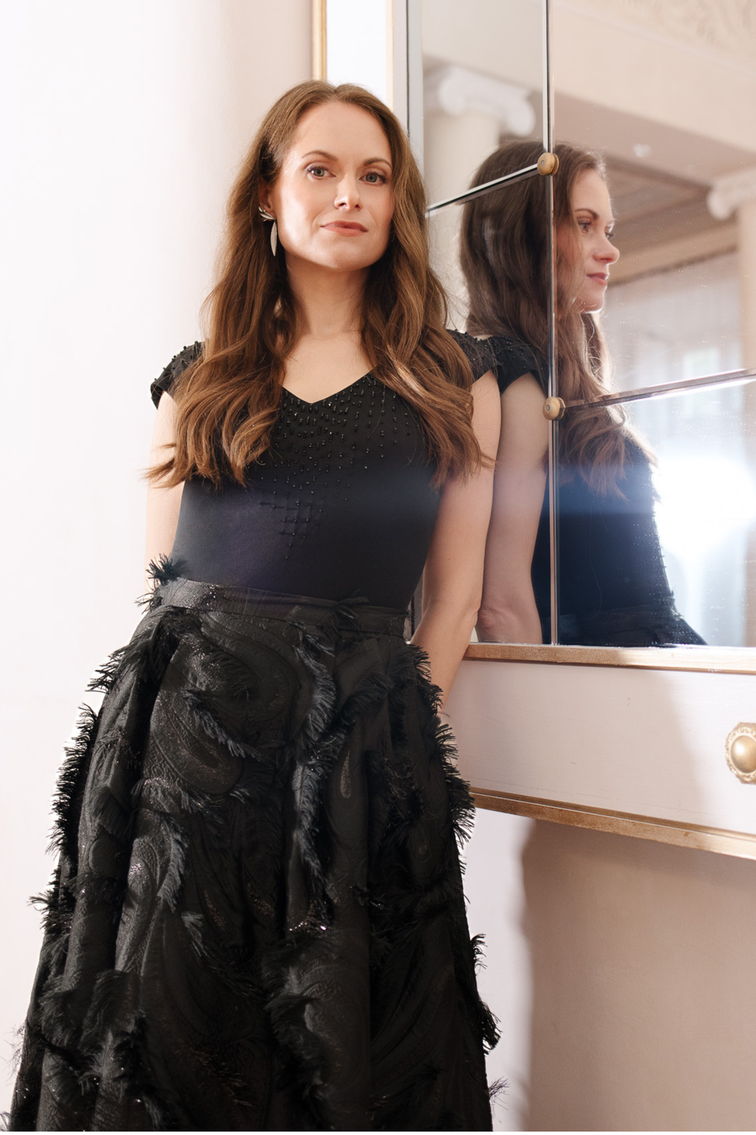 LAMIUM BLACK SILK JERSEY BODYSUIT WITH CRYSTAL EMBROIDERY