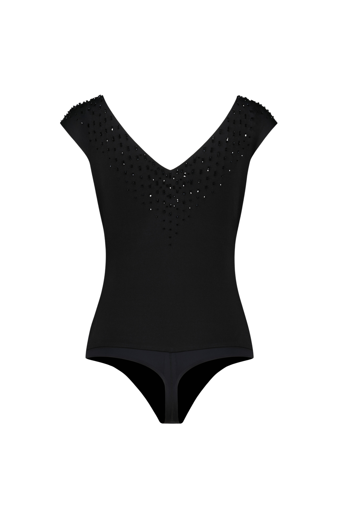 LAMIUM BLACK SILK JERSEY BODYSUIT WITH CRYSTAL EMBROIDERY