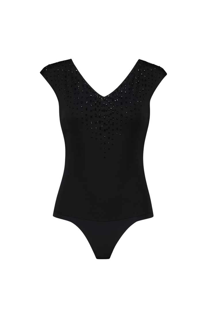 LAMIUM BLACK SILK JERSEY BODYSUIT WITH CRYSTAL EMBROIDERY