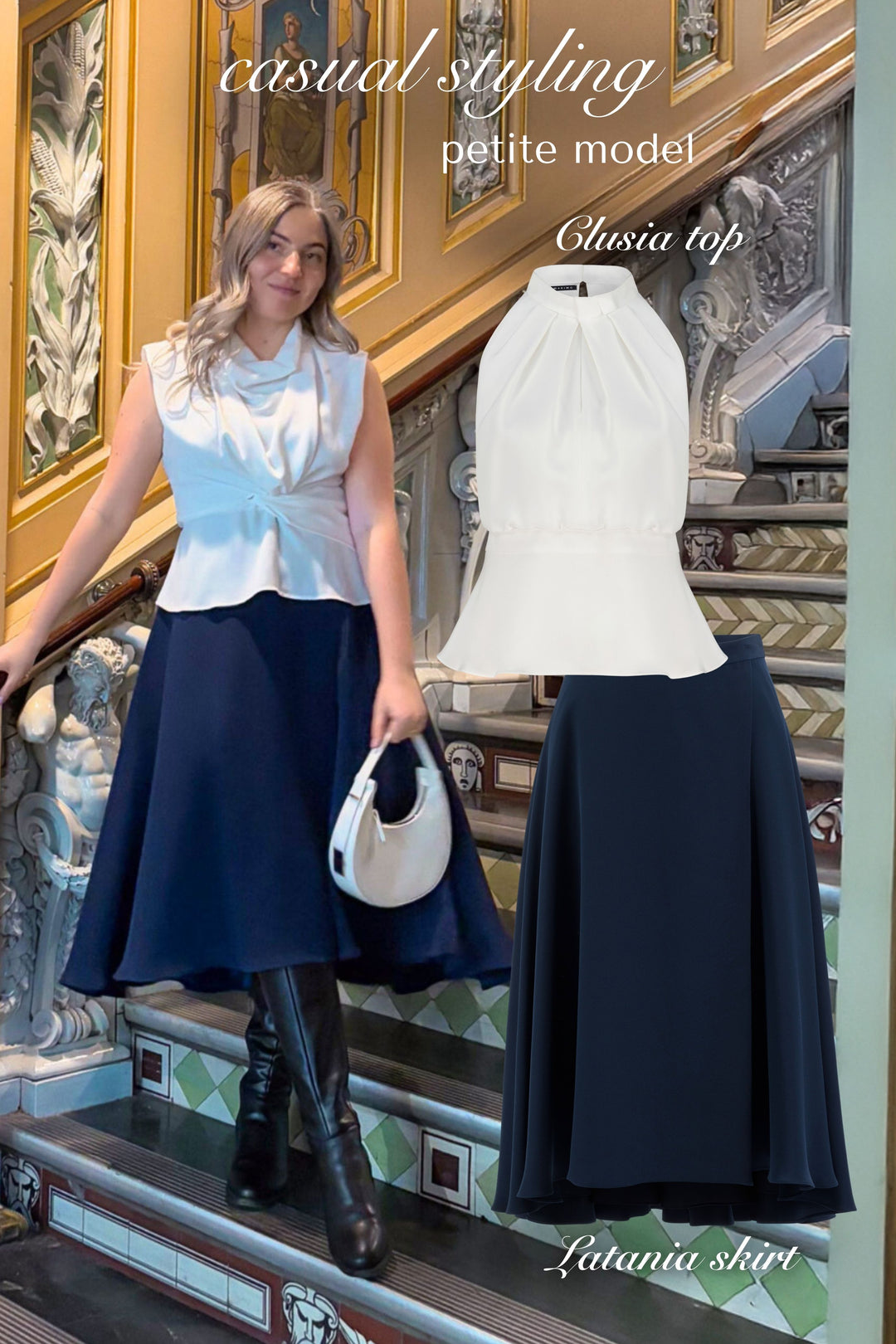 LATANIA NAVY BLUE SILK A-LINE HIGH-LOW HEM SKIRT