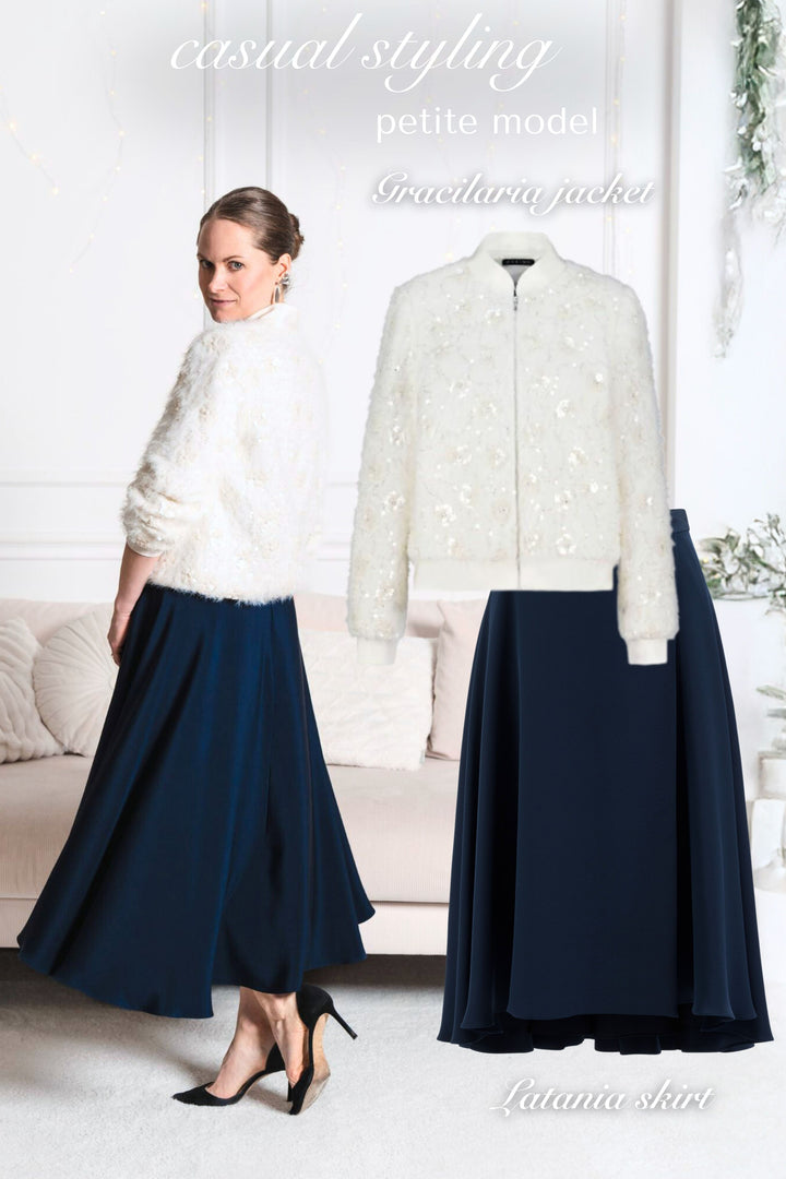 LATANIA NAVY BLUE SILK A-LINE HIGH-LOW HEM SKIRT