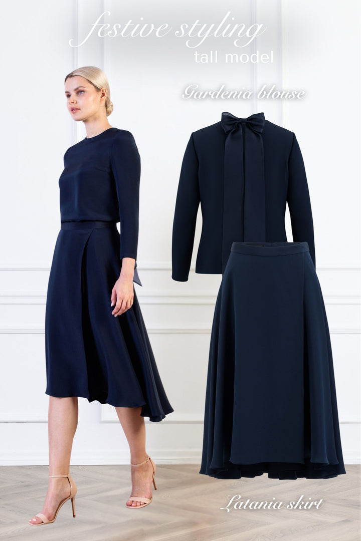 LATANIA NAVY BLUE SILK A-LINE HIGH-LOW HEM SKIRT