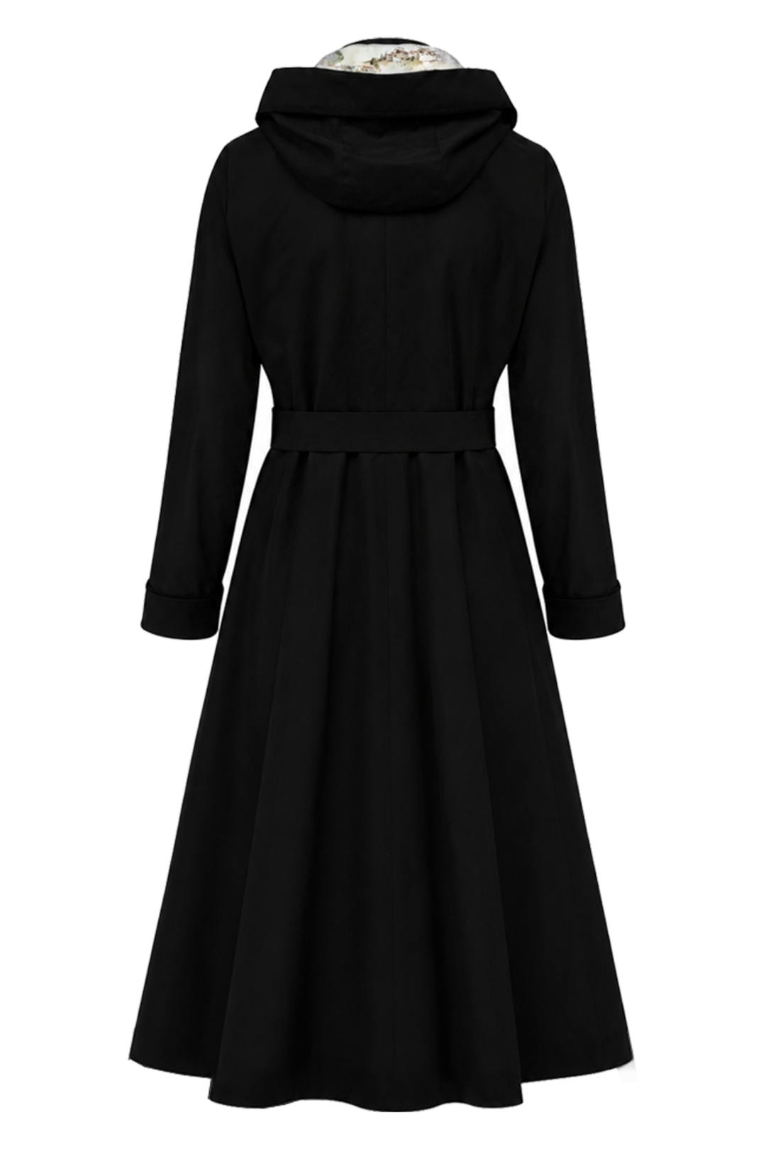 A black long-sleeve hooded trench dress with a matching waist belt, shown from the back on a mannequin against a plain white background.