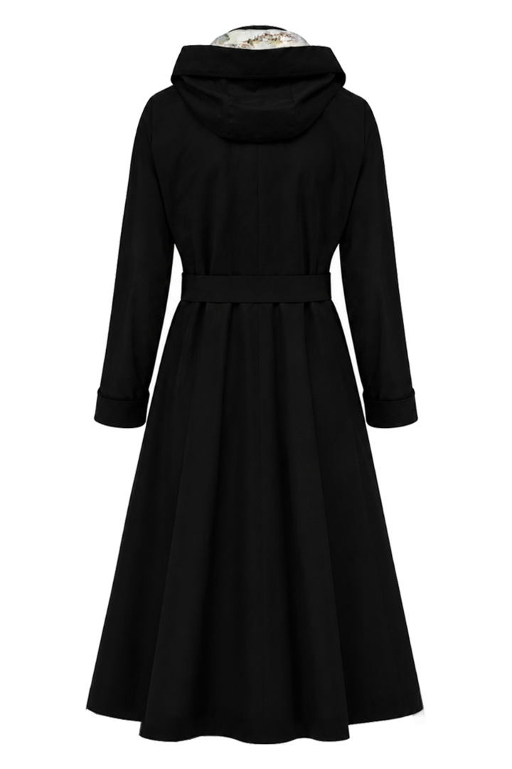 A black long-sleeve hooded trench dress with a matching waist belt, shown from the back on a mannequin against a plain white background.