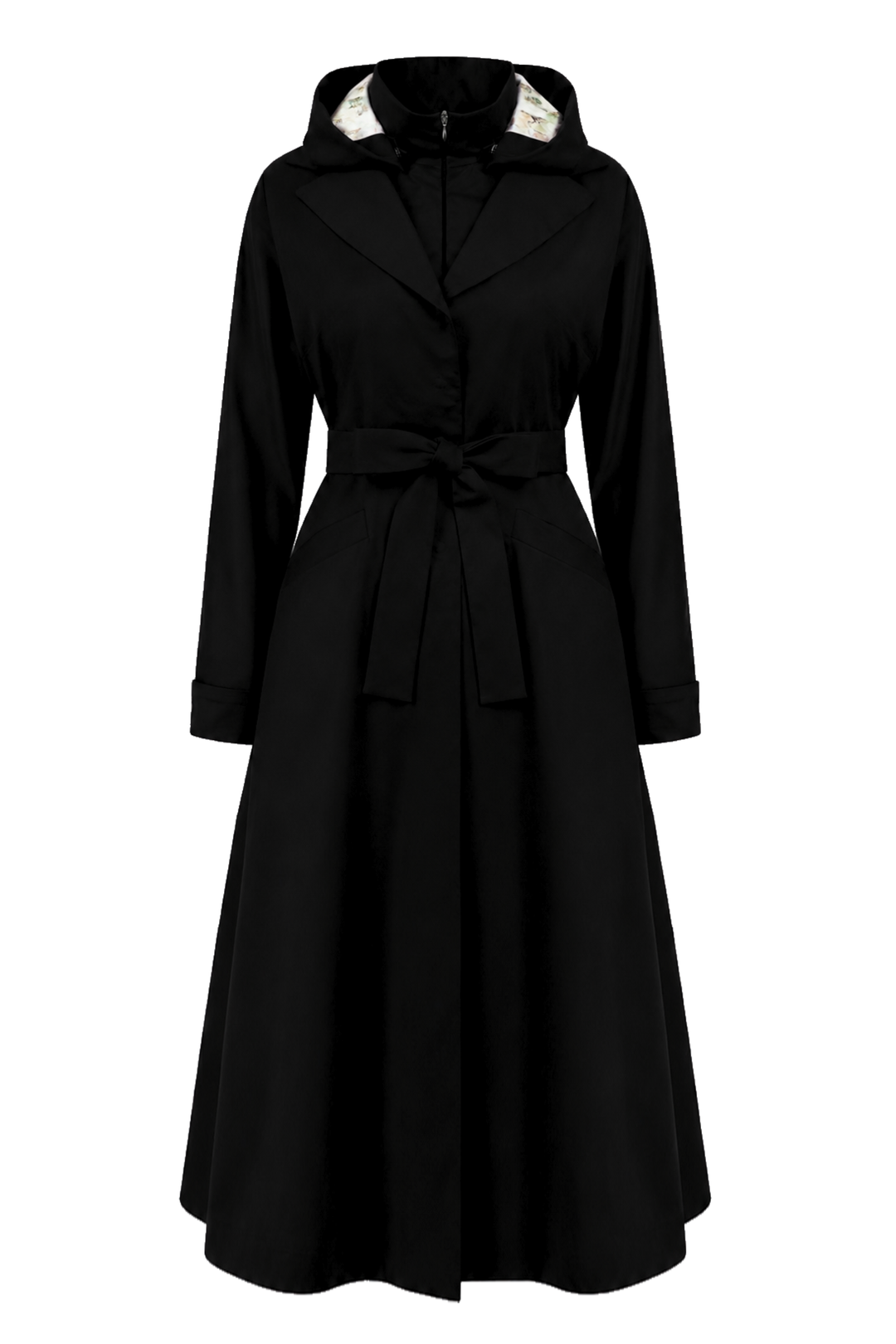 A black longline hooded coat with a tie waist belt, shown on a plain white background.