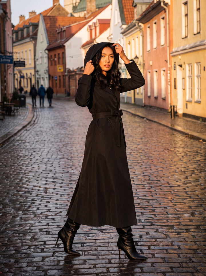 A woman wearing a long black trench-style dress with a hood and black heeled ankle boots stands on a cobblestone street in a European town, with warm sunlight reflecting off the buildings and street behind her.