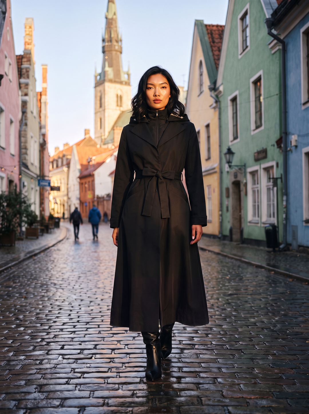 A woman wearing a long black belted trench coat and black boots stands on a cobblestone street in an old European town, with colorful buildings and a church tower in the background.