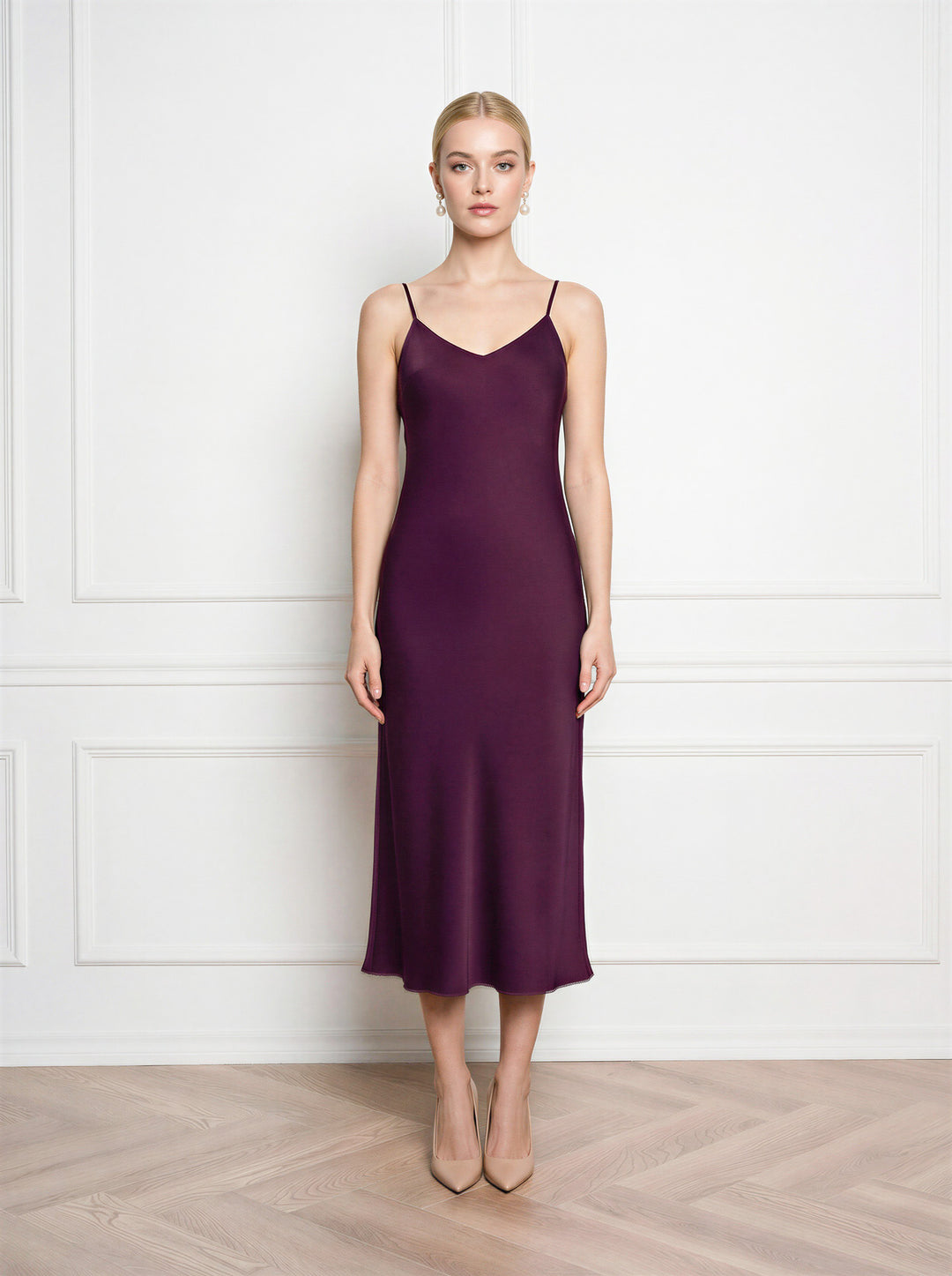 ARIA PLUM PURPLE SILK SLIP DRESS WITH BOW DETAILS