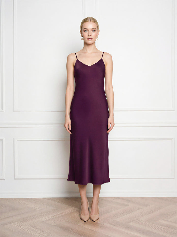 ARIA PLUM PURPLE SILK SLIP DRESS WITH BOW DETAILS
