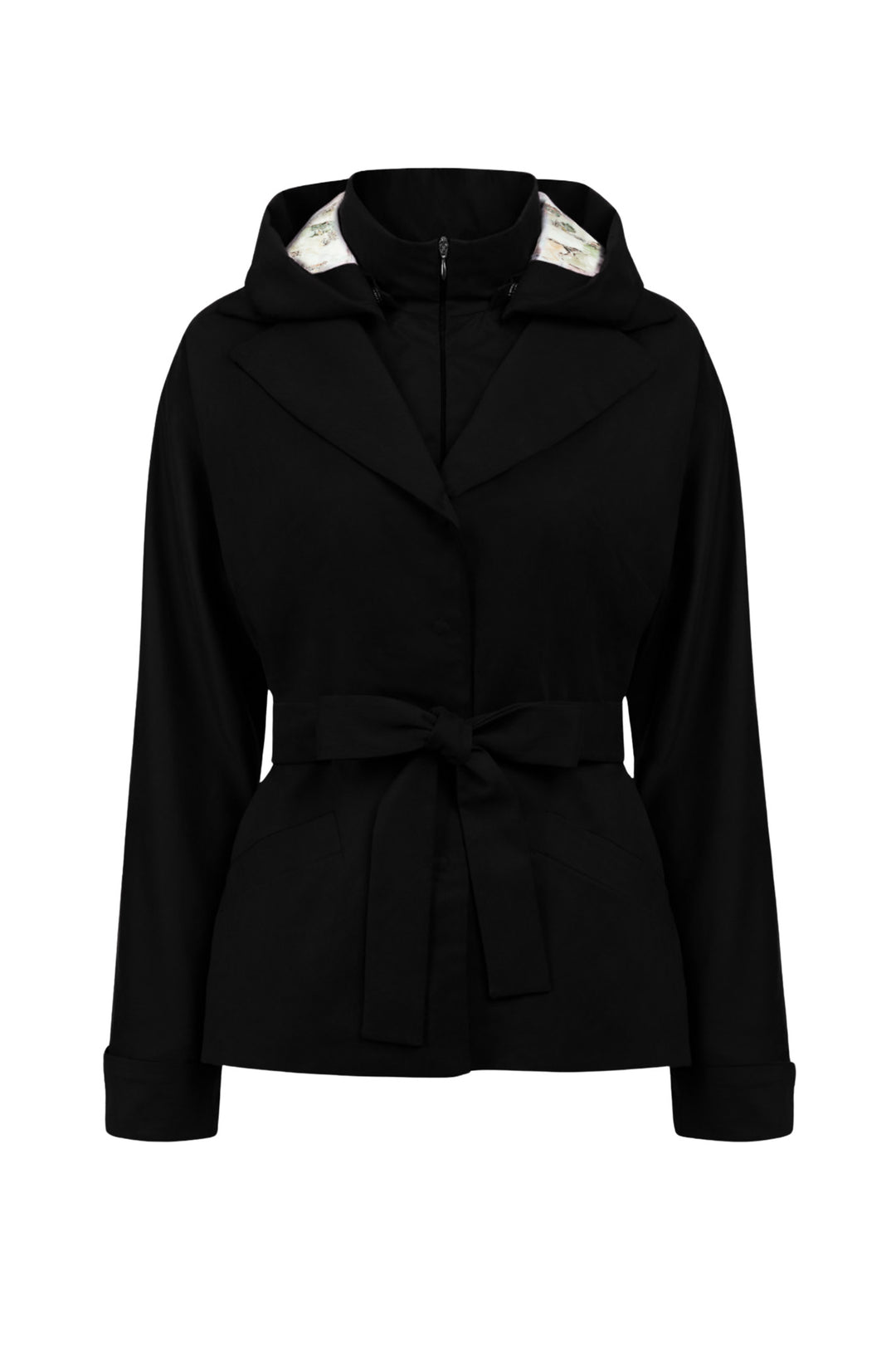 LISSANTHE BLACK WOOL BLEND BELTED TRENCH JACKET WITH REMOVABLE HOOD