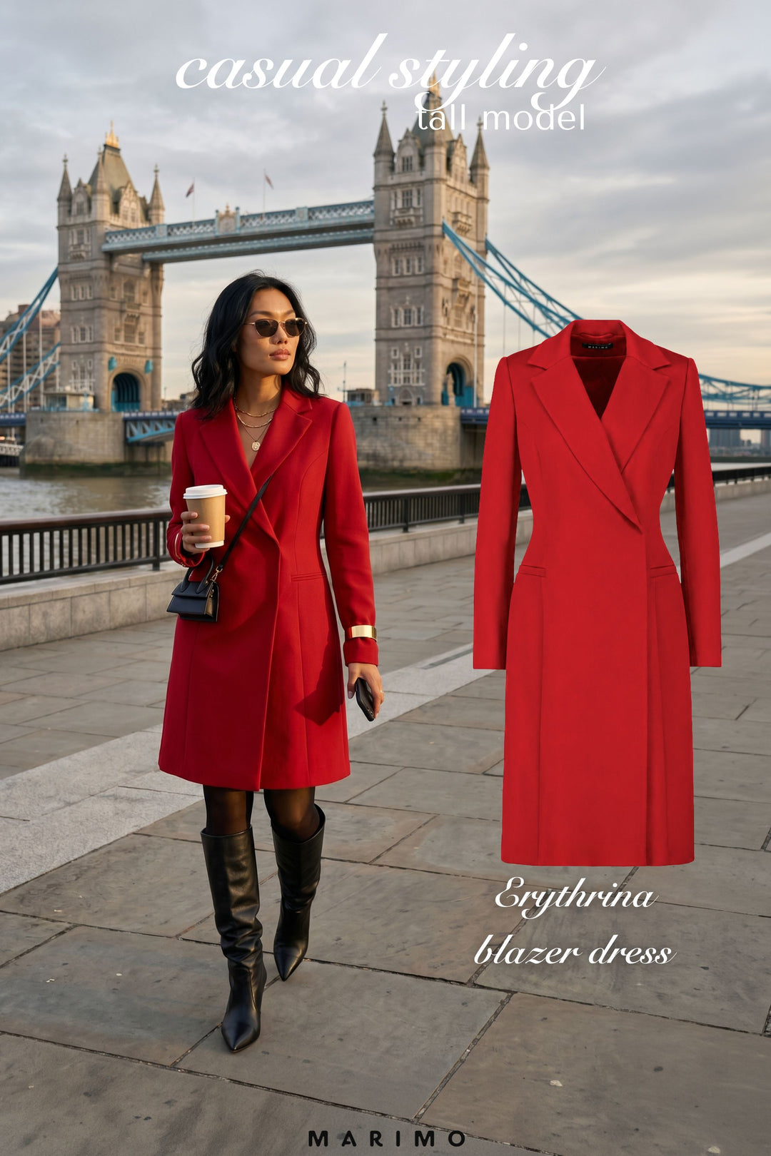 AI generated woman in a red blazer dress with Tower Bridge in the background, featuring the Erythrina blazer dress by Marimo.