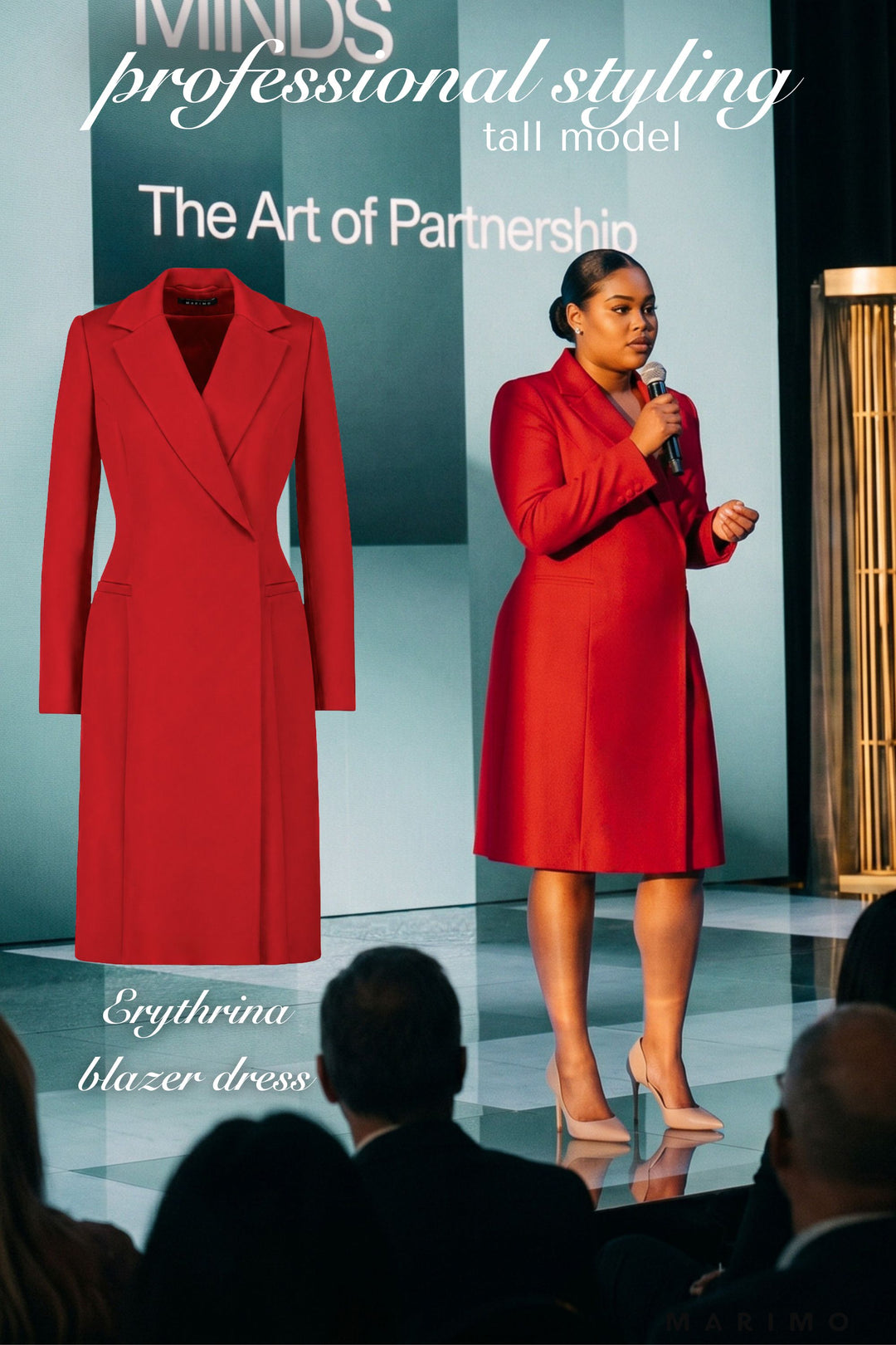 AI generated plus size professional woman in a red blazer dress standing on a stage with a presentation, promotional material for a red blazer dress.