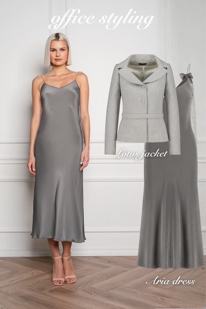 ARIA GRAY SILK SLIP DRESS WITH BOW DETAILS