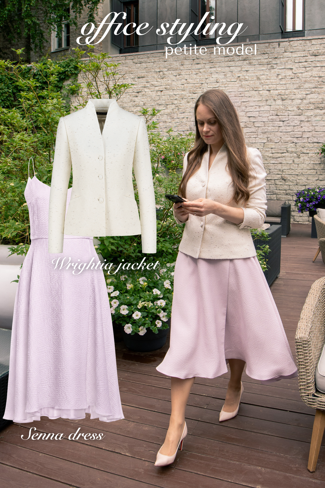 Woman CEO wearing an ivory premium wool jacket and lilac silk dress on a hotel terrace.