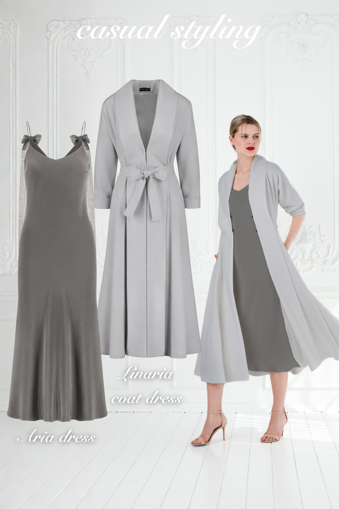 ARIA GRAY SILK SLIP DRESS WITH BOW DETAILS