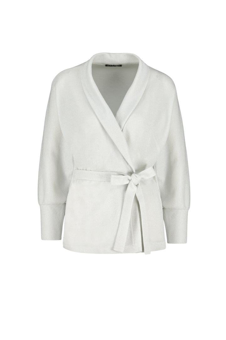 PHYMOSIA SILVER WHITE SLIGHTLY GLITTERING STRETCHY VISCOSE-BLEND WRAP BLOUSE