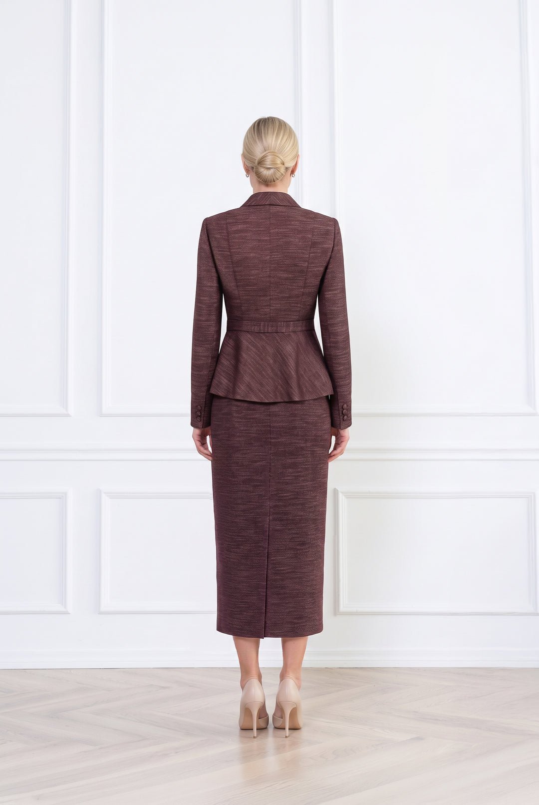 MAGNOLIA DUSTY PLUM PURPLE WOOL-BAMBOO PEPLUM JACKET WITH BELT