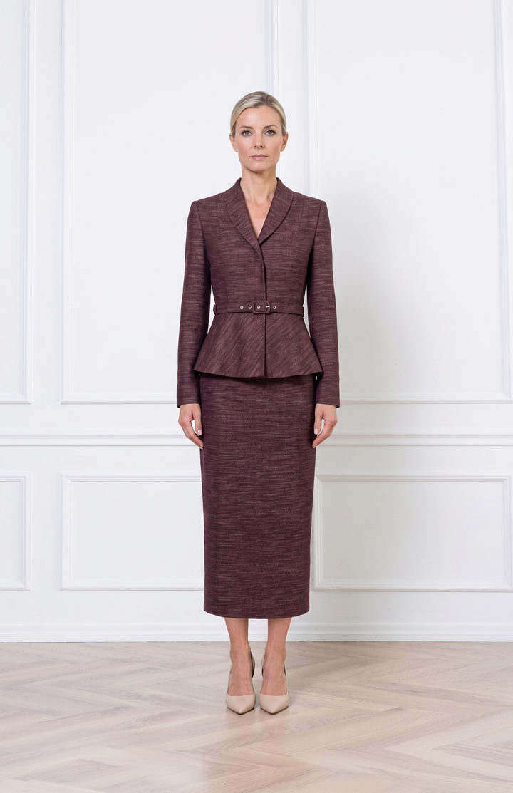 MAGNOLIA DUSTY PLUM PURPLE WOOL-BAMBOO PEPLUM JACKET WITH BELT