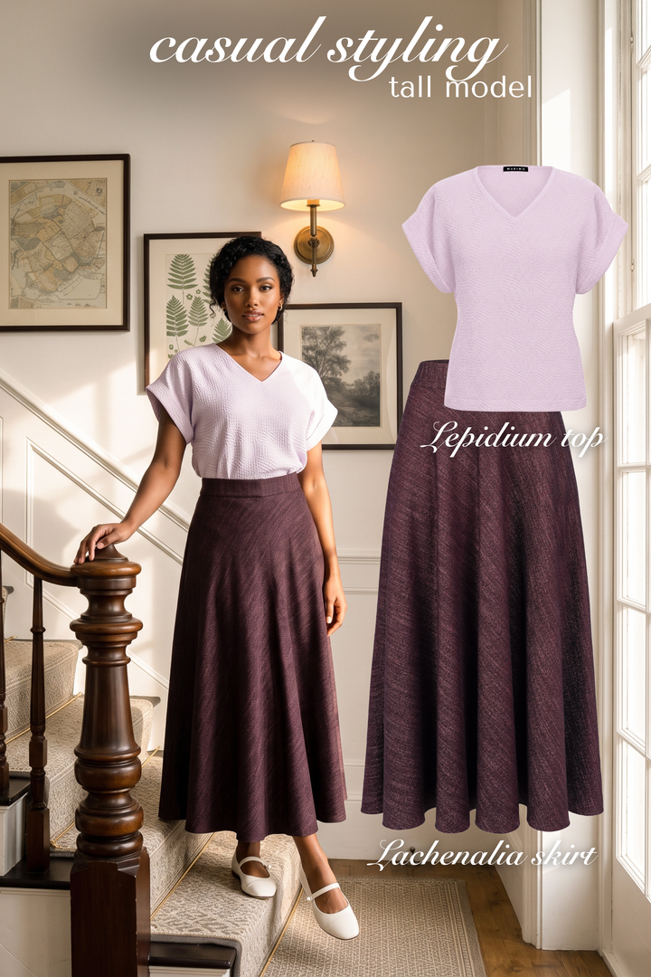 LACHENALIA DUSTY PLUM PURPLE WOOL-BAMBOO A-LINE MIDI SKIRT