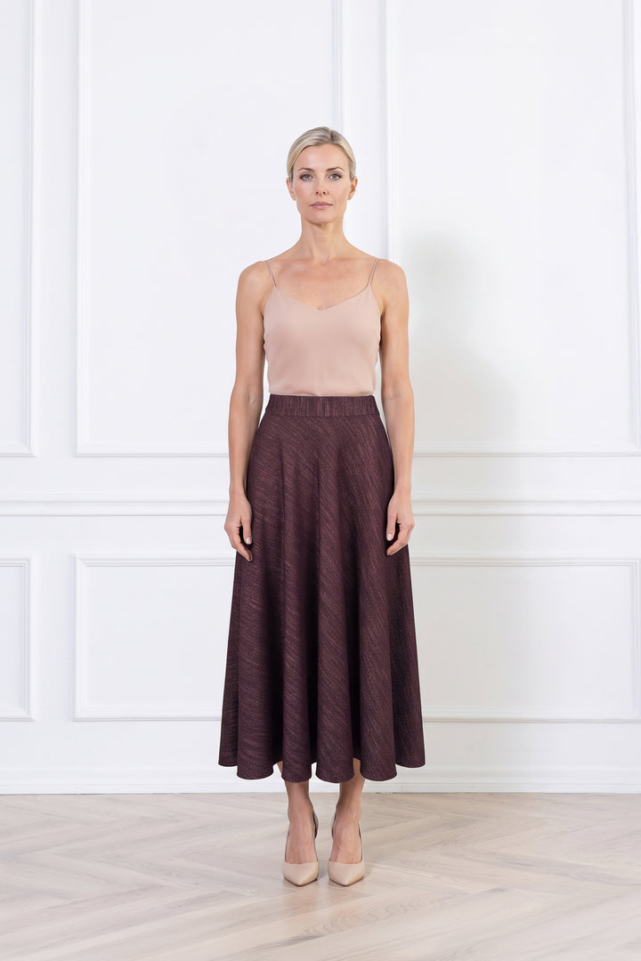 LACHENALIA DUSTY PLUM PURPLE WOOL-BAMBOO A-LINE MIDI SKIRT