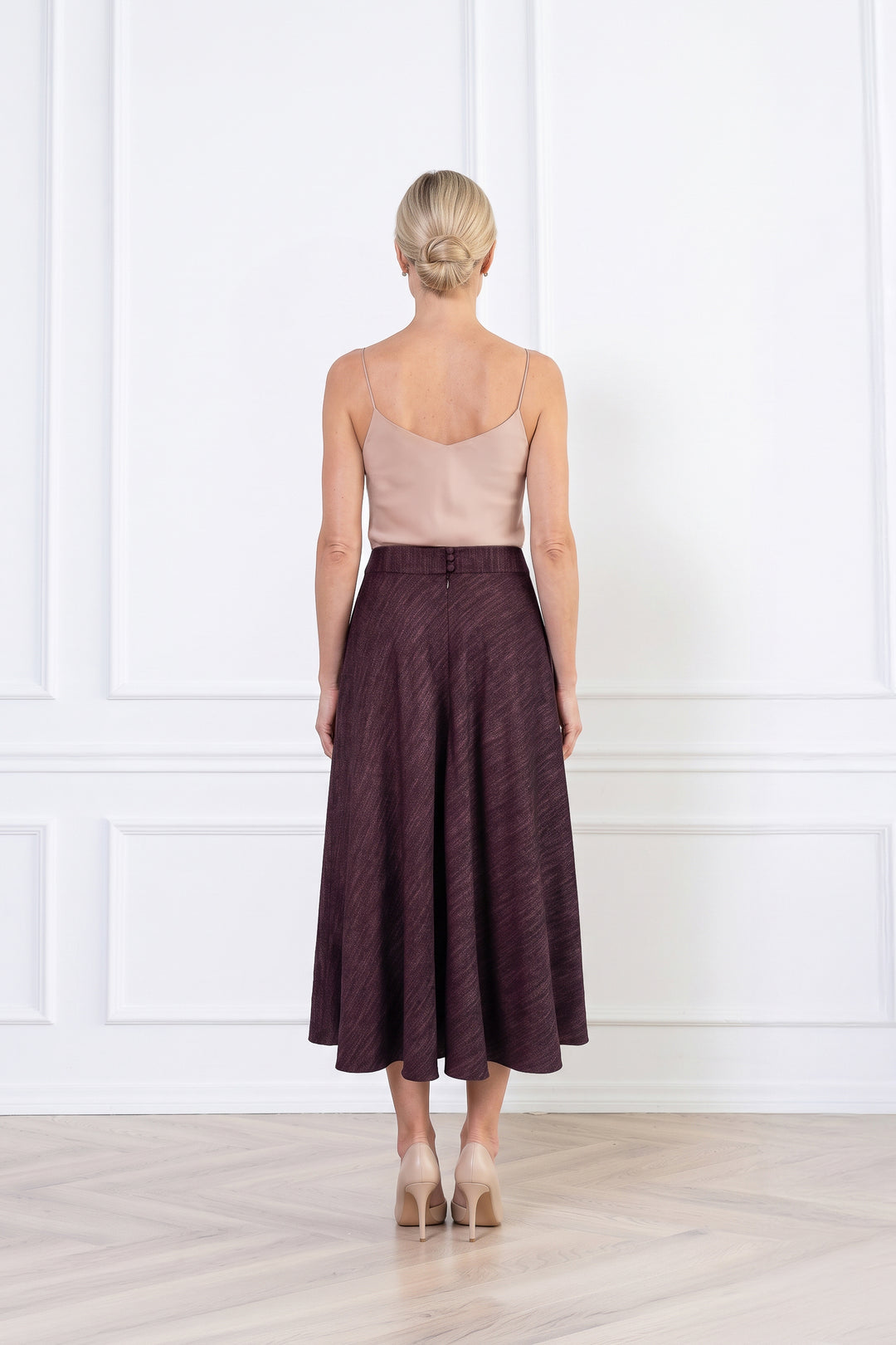 LACHENALIA DUSTY PLUM PURPLE WOOL-BAMBOO A-LINE MIDI SKIRT