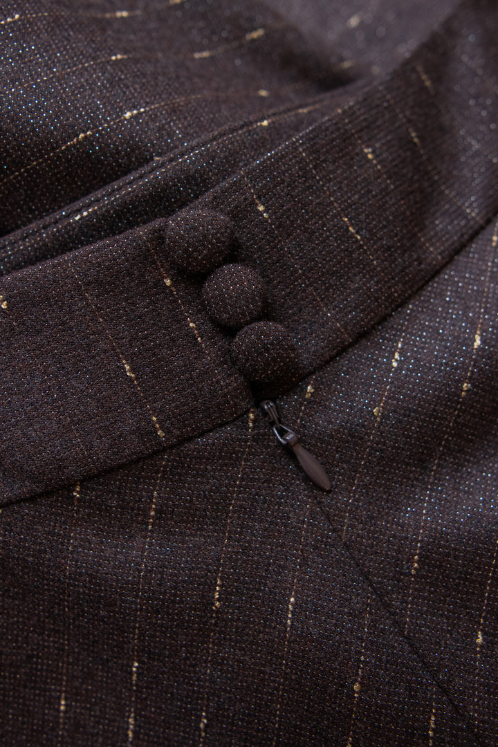 LACHENALIA CHOCOLATE BROWN PINSTRIPE WOOL A-LINE MIDI SKIRT