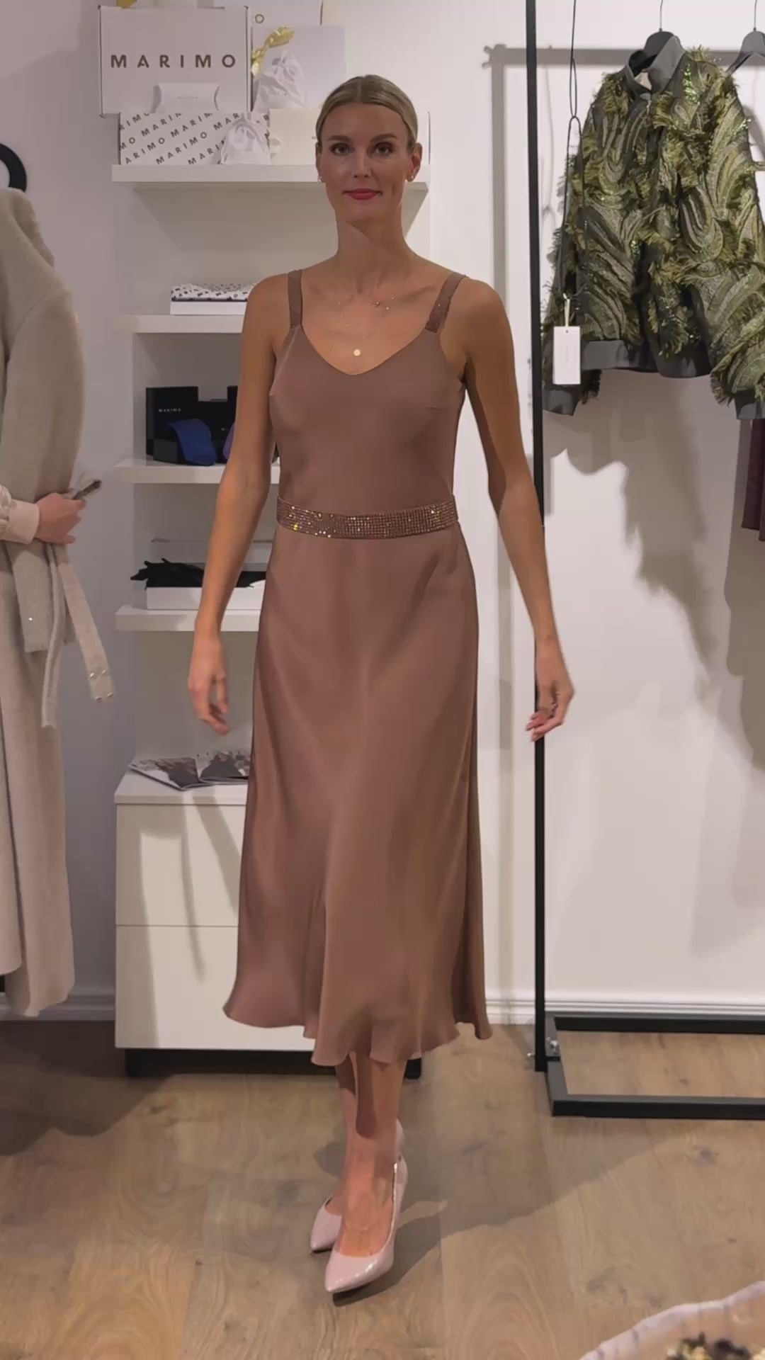 TRINIA ROSE BROWN SILK SLIP DRESS WITH CRYSTAL EMBROIDERY