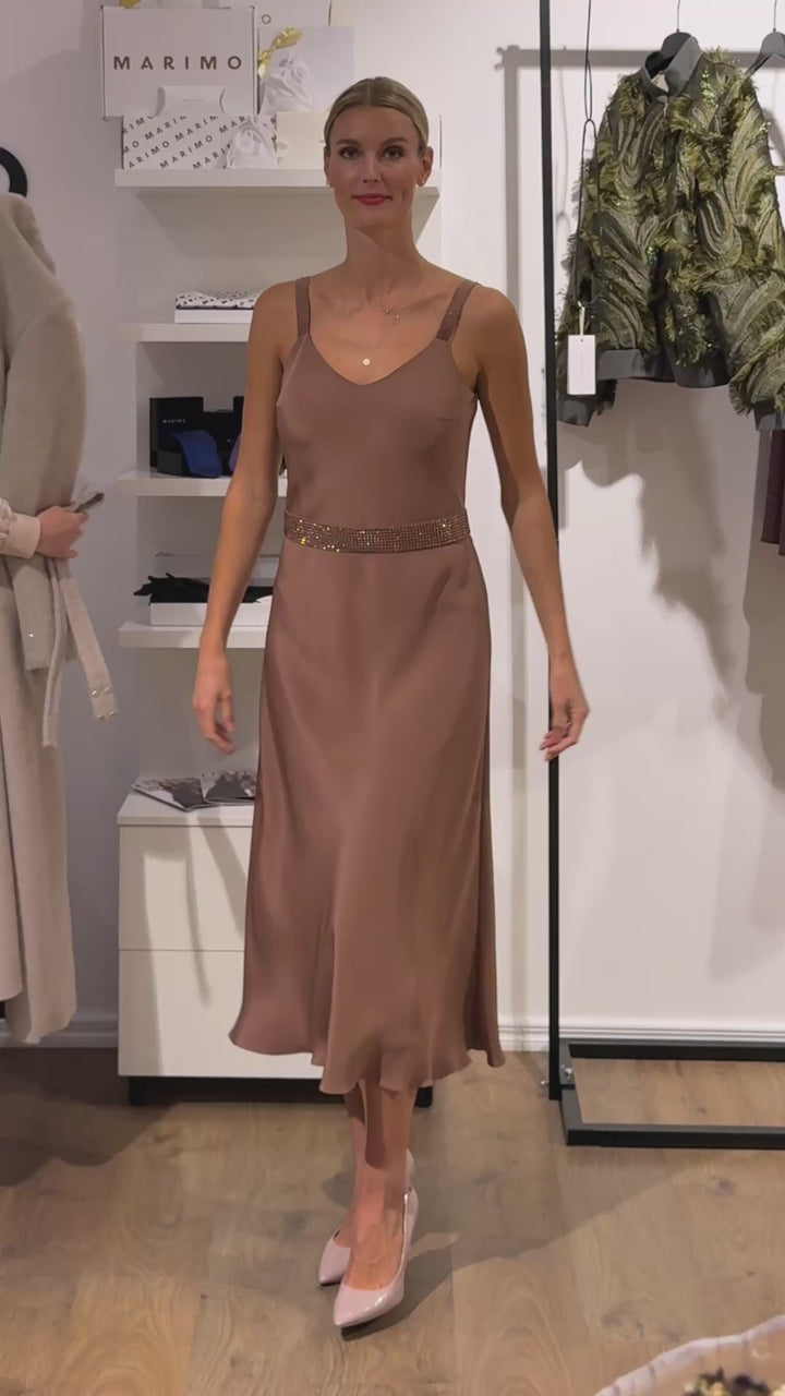 TRINIA ROSE BROWN SILK SLIP DRESS WITH CRYSTAL EMBROIDERY