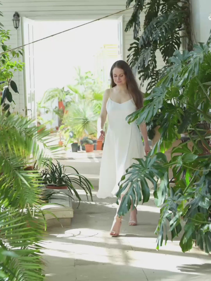 SENNA WHITE SILK JACQUARD SPAGHETTI STRAP DRESS