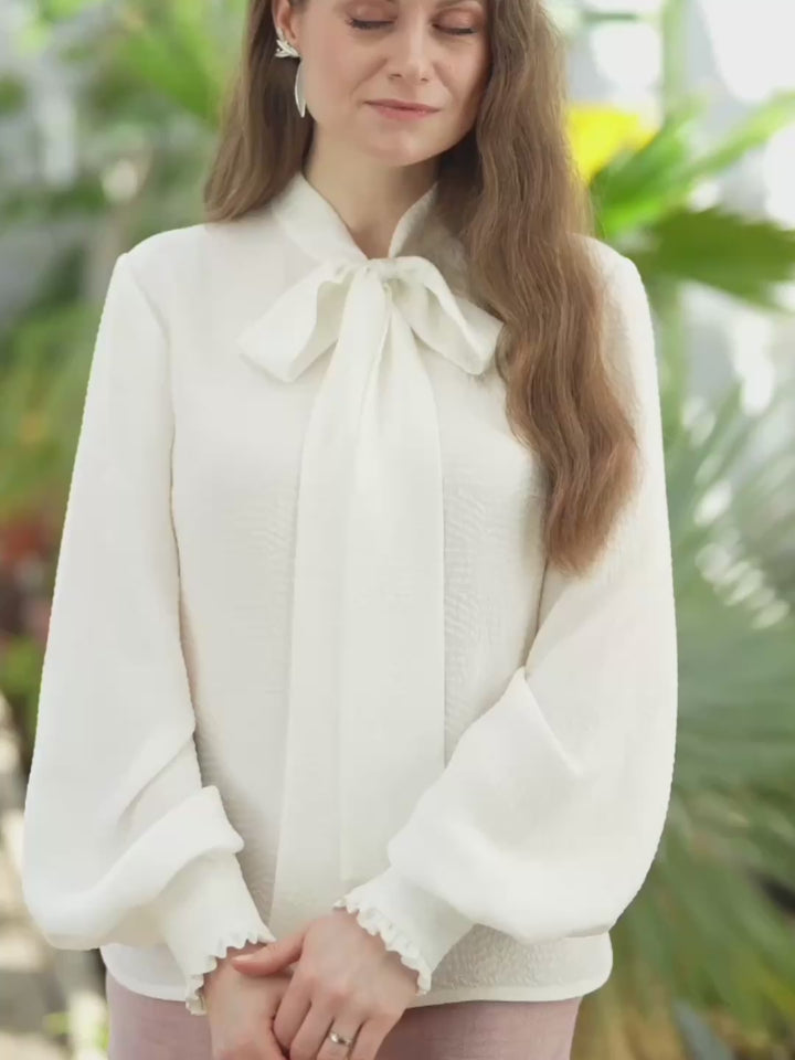 RHIPSALIS WHITE SILK JAQUARD NECK TIE BLOUSE