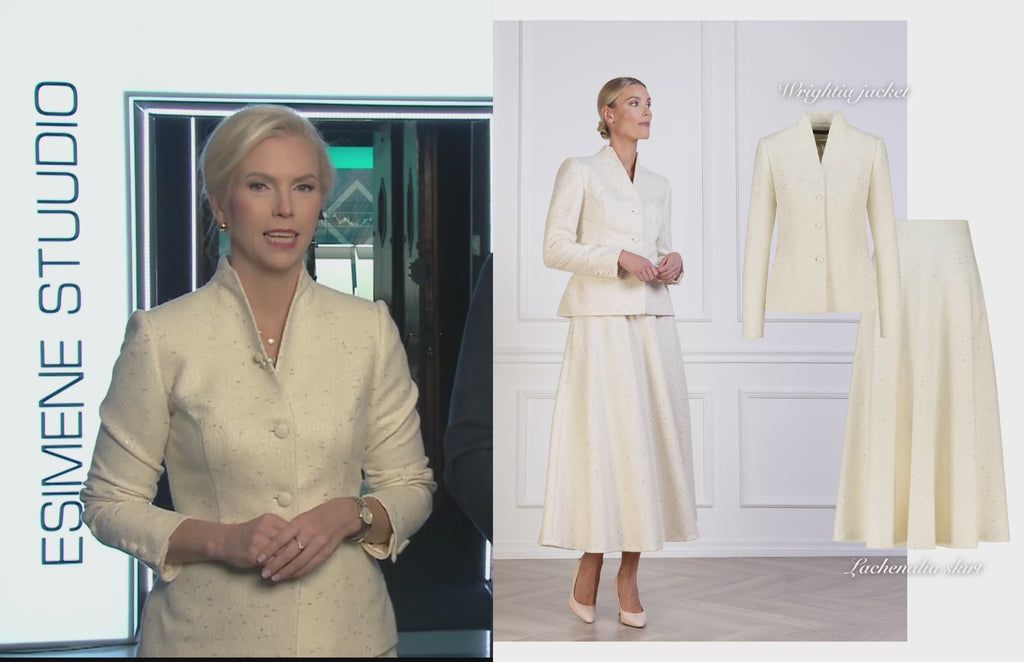 woman in a cream colored jacket is presenting and the same outfit on a model is displayed next to her