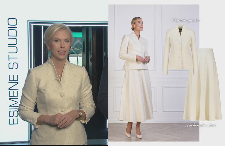 woman in a cream colored jacket is presenting and the same outfit on a model is displayed next to her