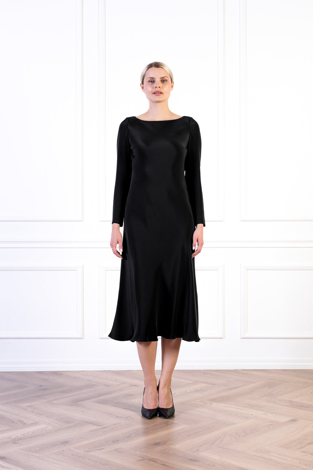 ARMERIA BLACK SILK LONG-SLEEVED SLIP DRESS