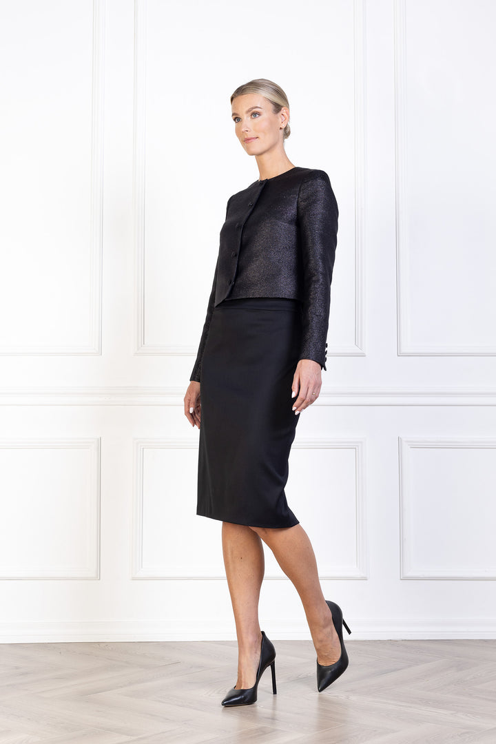 LESSERTIA BLACK SHIMMERING WOOL SILK BLEND JACKET