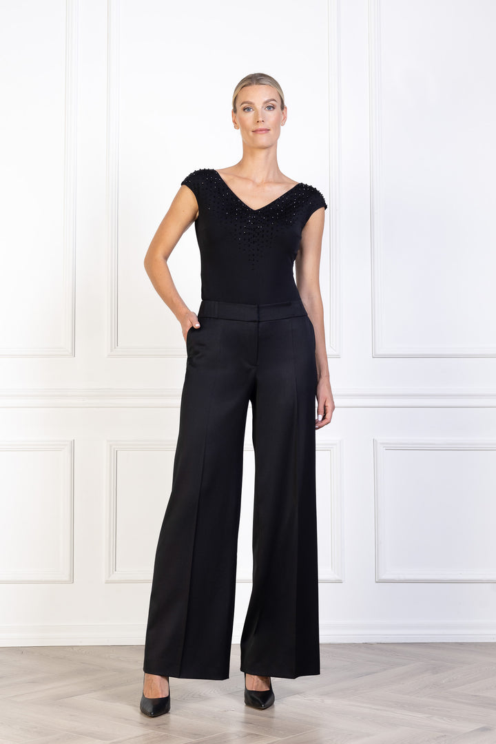 LAMIUM BLACK SILK JERSEY BODYSUIT WITH CRYSTAL EMBROIDERY