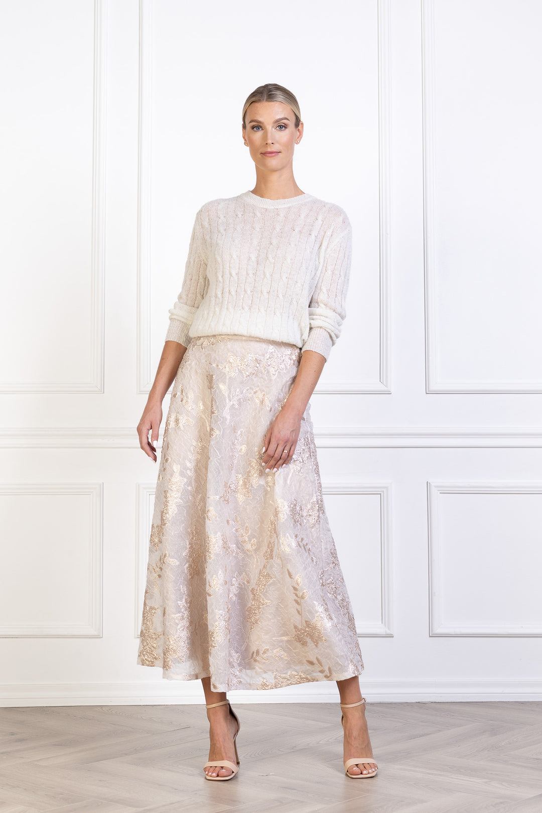 CALLUNA OFF WHITE AND ROSE GOLD JACQUARD A-LINE MIDI SKIRT