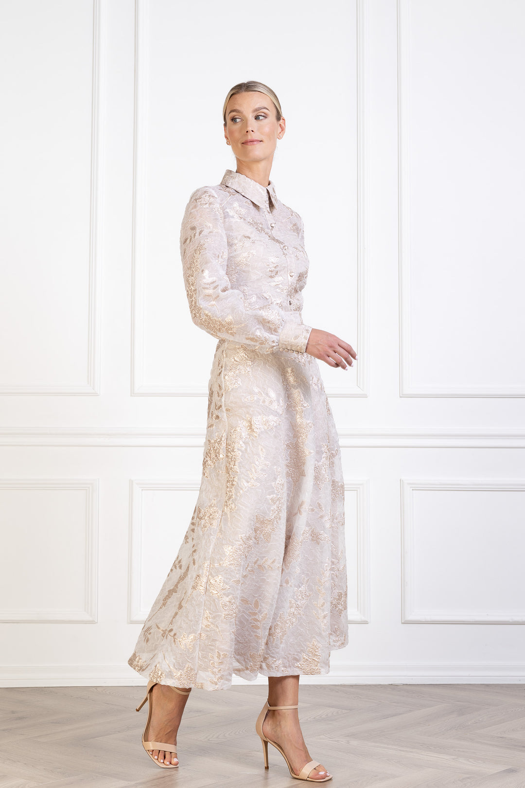 CALLIANDRA OFF WHITE AND ROSE GOLD JACQUARD PUFF-SLEEVE SHIRT