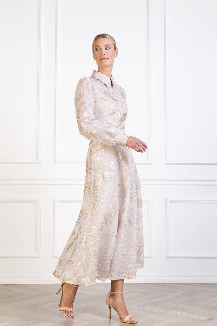 CALLIANDRA OFF WHITE AND ROSE GOLD JACQUARD PUFF-SLEEVE SHIRT