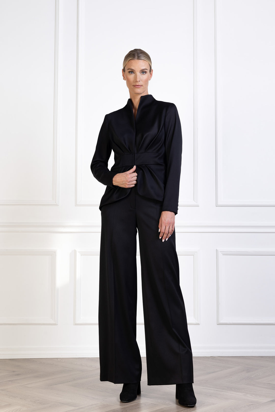 MELILOTUS BLACK WOOL JACKET WITH DRAPED FRONT DETAIL